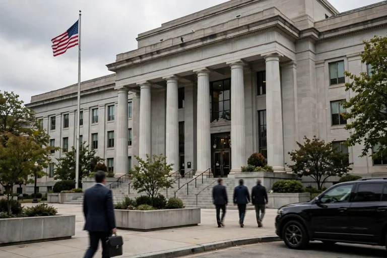 Exterior of a federal courthouse building in downtown Mobile on a sunny day