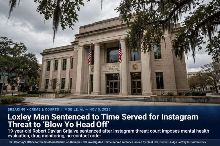 Illustration for the news story: Loxley Man Sentenced to Time Served for Instagram Threat to ‘Blow Yo Head Off’
