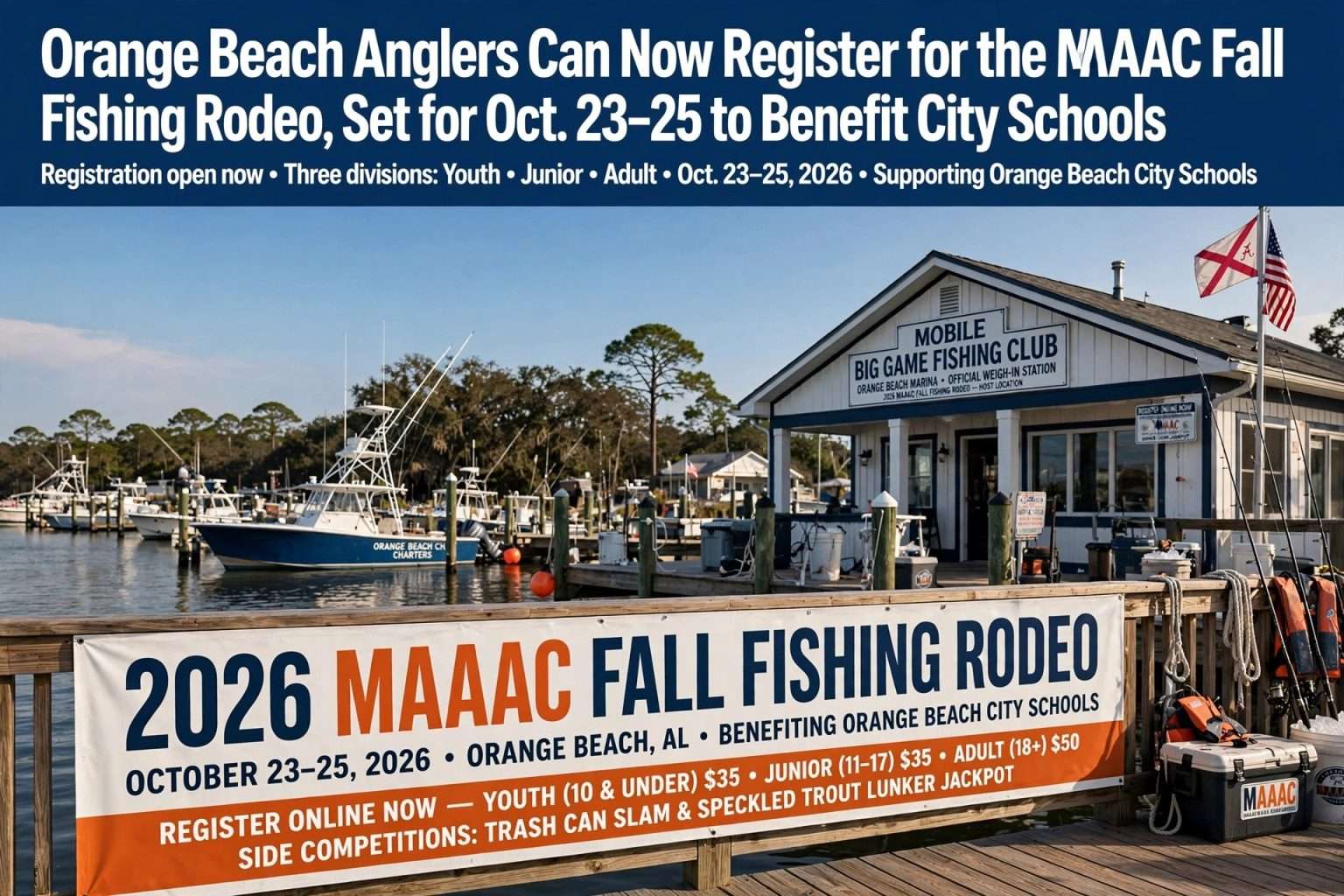 Fishing boats docked beside a waterfront fishing club with a banner promoting the 2026 MAAAC Fall Fishing Rodeo in Orange Beach