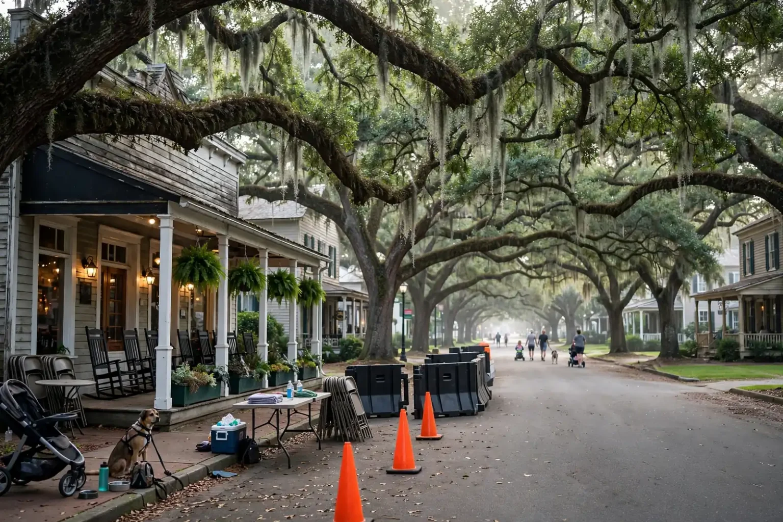Runners on a street lined with large live oak trees draped in moss during a morning 5K race