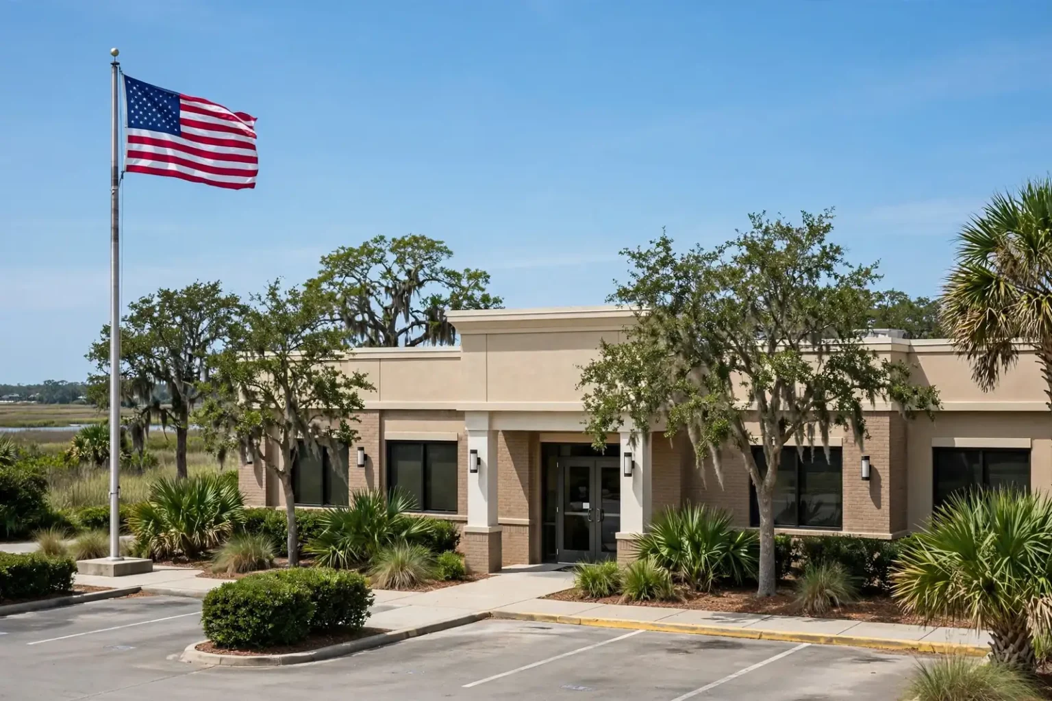 Exterior of a single-story government building with an American flag and palm trees on a sunny day