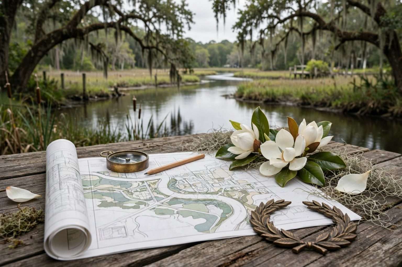 Calm, dark river lined with live oaks draped in Spanish moss and small wooden docks in a quiet Southern town