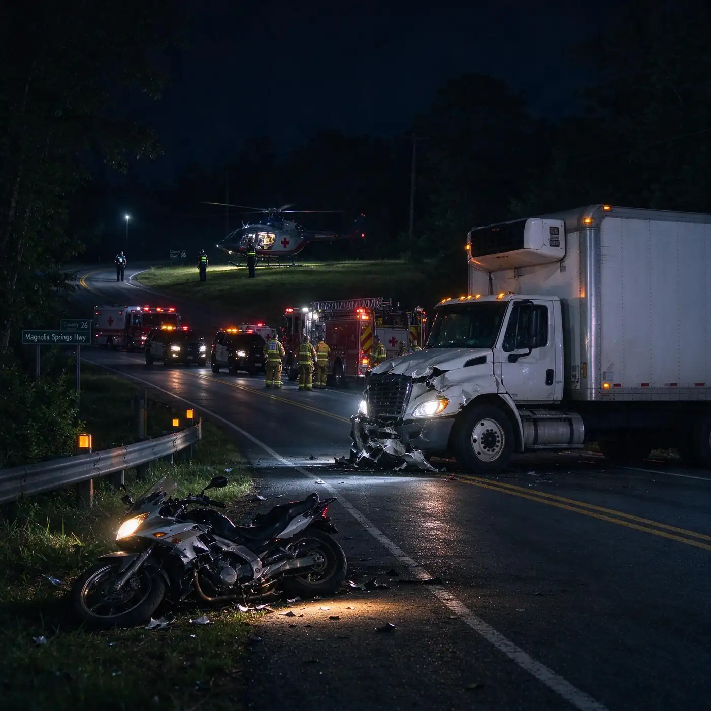 Emergency vehicle lights at a nighttime crash scene on a rural two-lane highway in Baldwin County