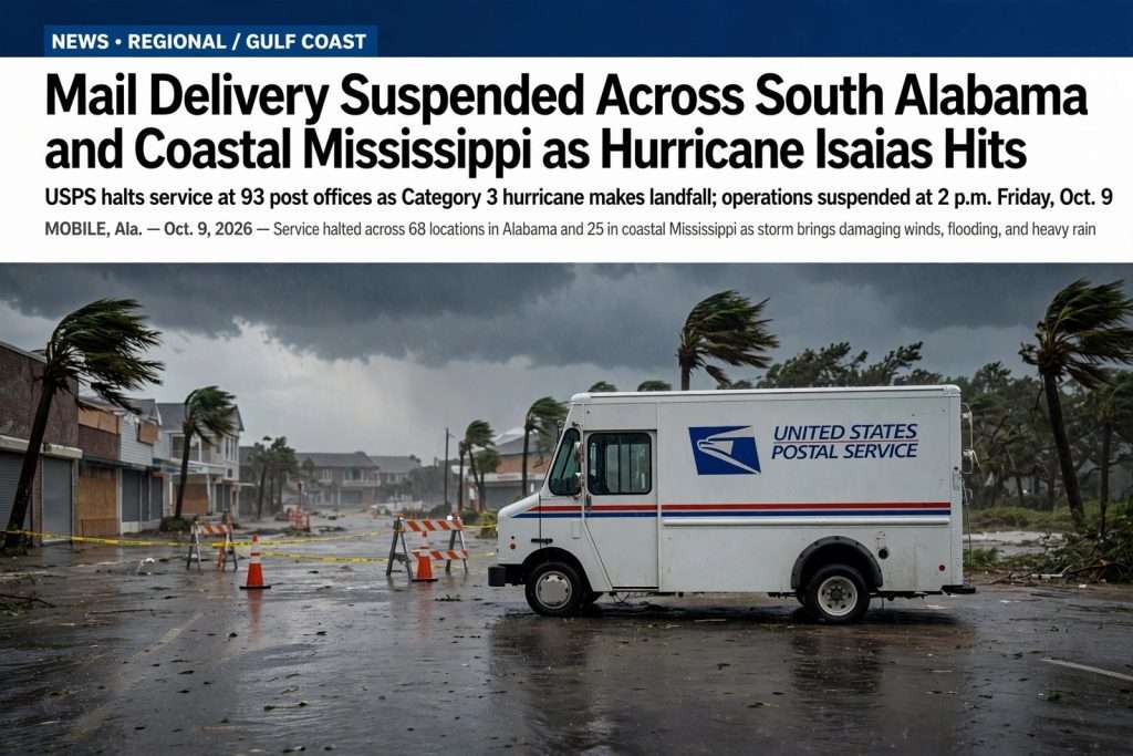 Illustration for the news story: Mail Delivery Suspended Across South Alabama and Coastal Mississippi as Hurricane Isaias Hits