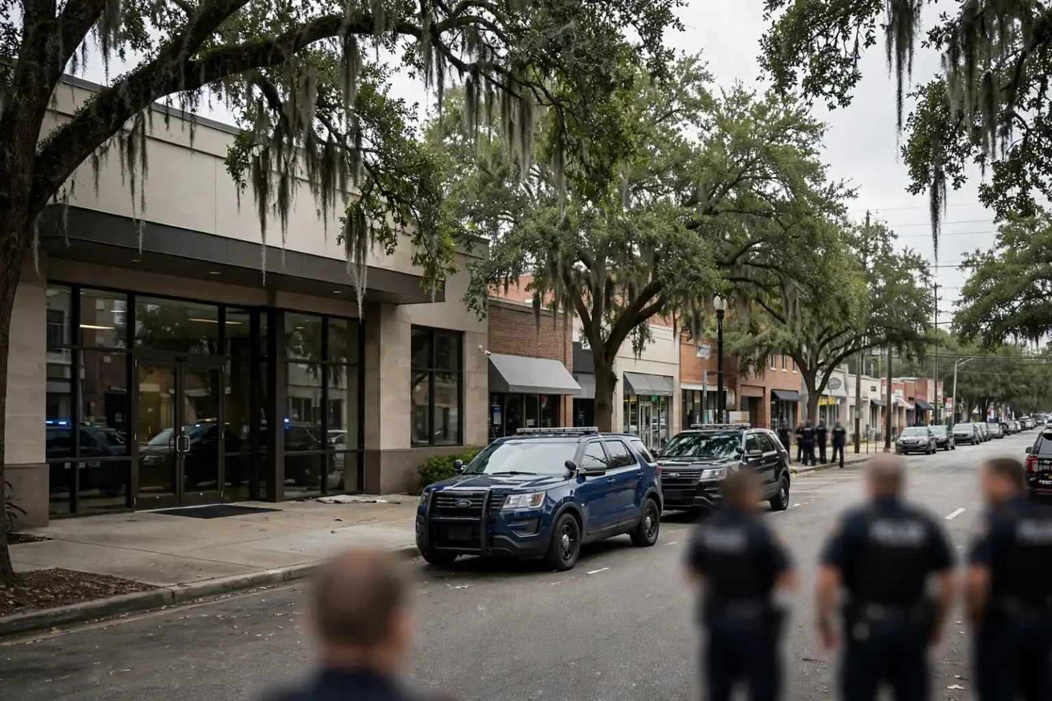 Mobile Police Department patrol car parked along a city street with emergency lights on