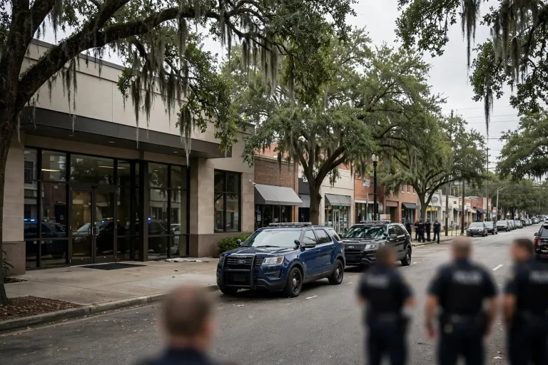Mobile Police Department patrol car parked along a city street with emergency lights on