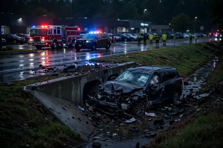 Nighttime crash scene on a service road: damaged car near a culvert with emergency vehicles and flashing lights.