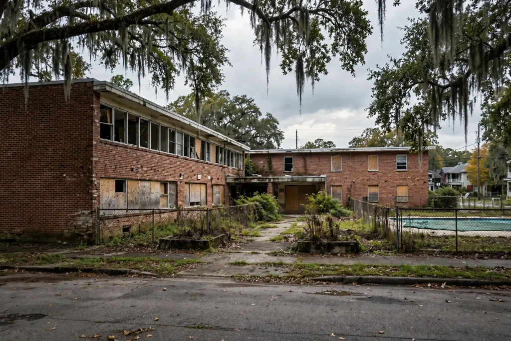 Vacant two-story brick apartment buildings with boarded windows and an empty pool beneath moss-draped live oaks