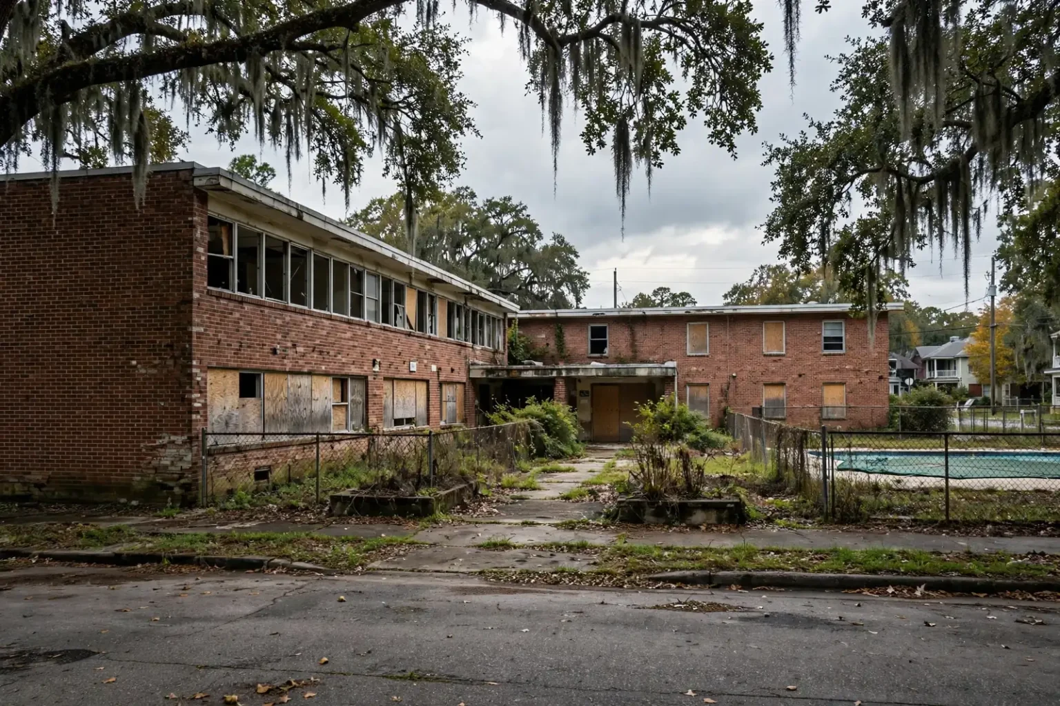 Vacant two-story brick apartment buildings with boarded windows and an empty pool beneath moss-draped live oaks