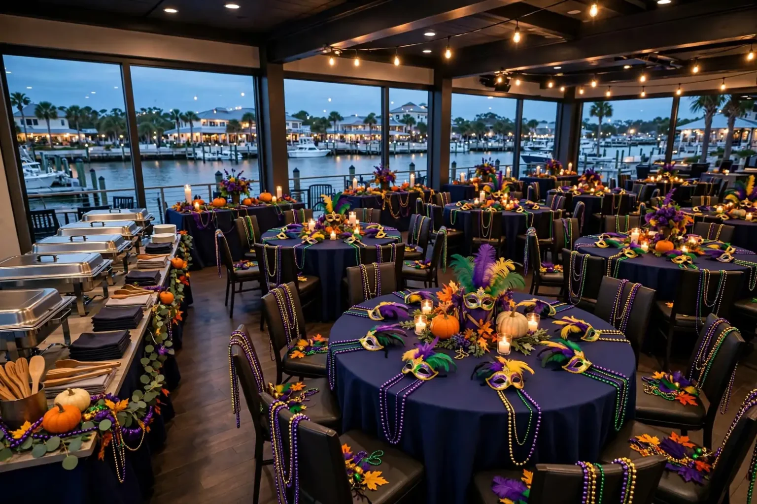 Round tables decorated with purple, green and gold beads, feathered masks and pumpkins in a waterfront event hall for the Mardi Gras Monster Mash