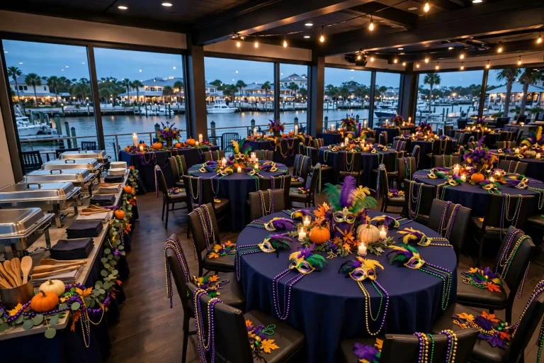 Round tables decorated with purple, green and gold beads, feathered masks and pumpkins in a waterfront event hall for the Mardi Gras Monster Mash