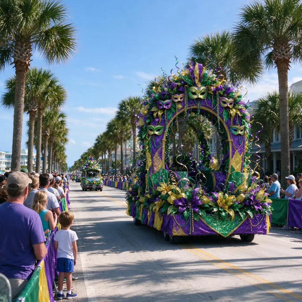 Colorful Mardi Gras float decorated in purple, green and gold rolling down a palm-lined coastal street