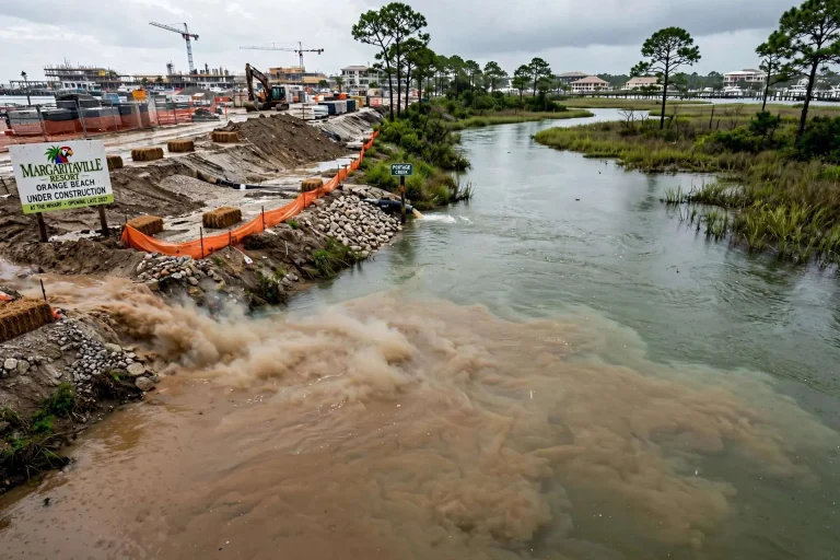 Muddy sediment plume spreading into a coastal creek beside a resort construction site with silt fencing and hay bales