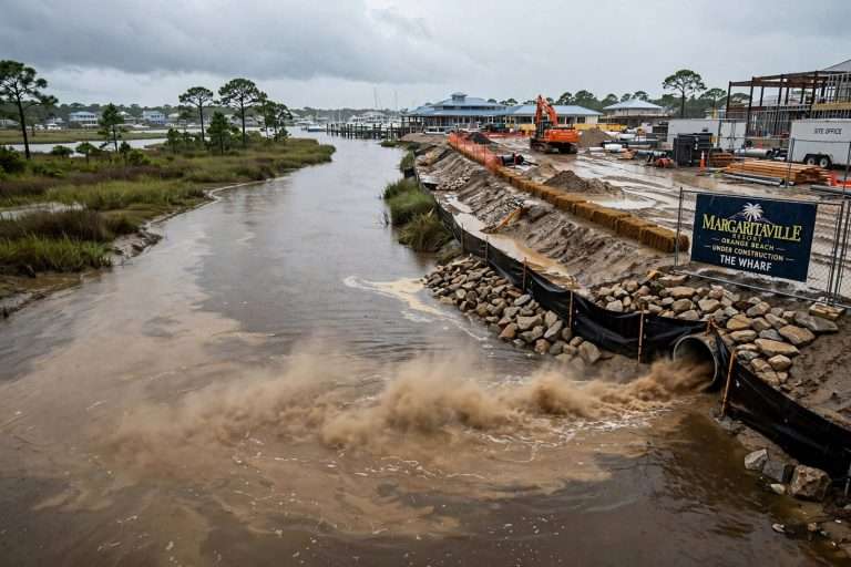 Illustration for the news story: Margaritaville Orange Beach Developer Says Heavy Rain, Not a Breach, Sent Sediment Into Portage Creek