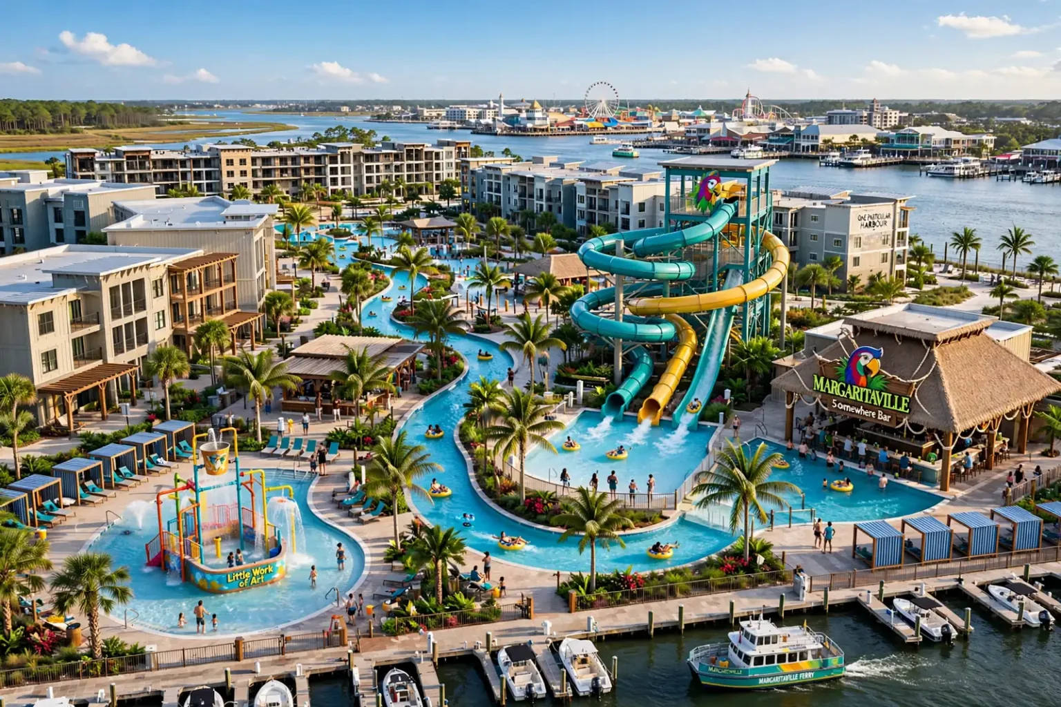 Aerial view of a resort water park with a lazy river and colorful water slides near the Orange Beach waterfront
