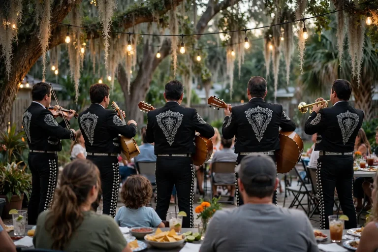 Mariachi musicians in traditional charro suits playing violin, trumpet, vihuela, guitar and guitarrón at an outdoor family celebration