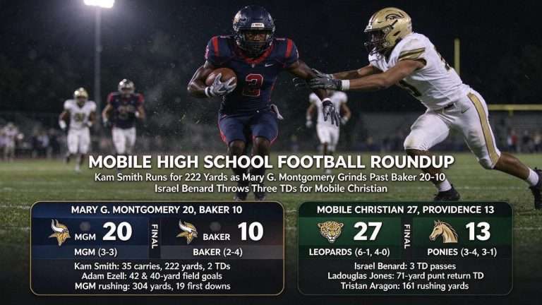 Illustration for the news story: Kam Smith Runs for 222 Yards as Mary G. Montgomery Grinds Past Baker 20-10; Israel Benard Throws Three TDs for Mobile Christian