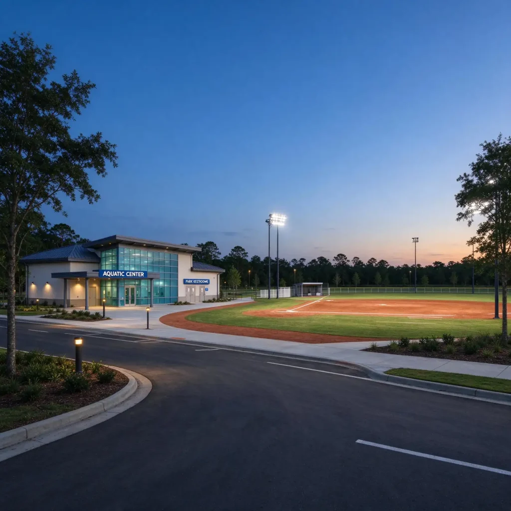 Softball field with LED light poles at a community park beside a modern indoor aquatic center building