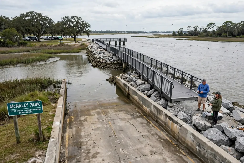 Waterfront boat ramp and fishing pier at McNally Park with people fishing along the rocky shoreline
