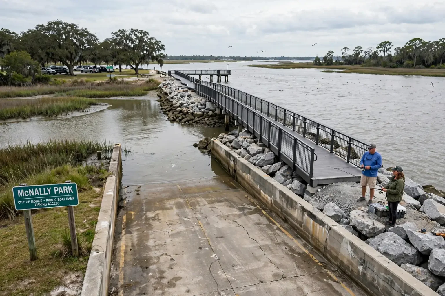 Waterfront boat ramp and fishing pier at McNally Park with people fishing along the rocky shoreline