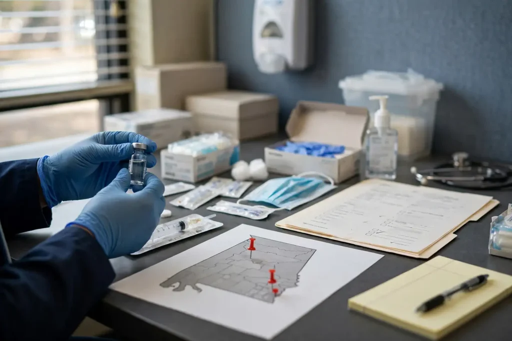 Health care worker preparing a vaccine syringe in a clinic