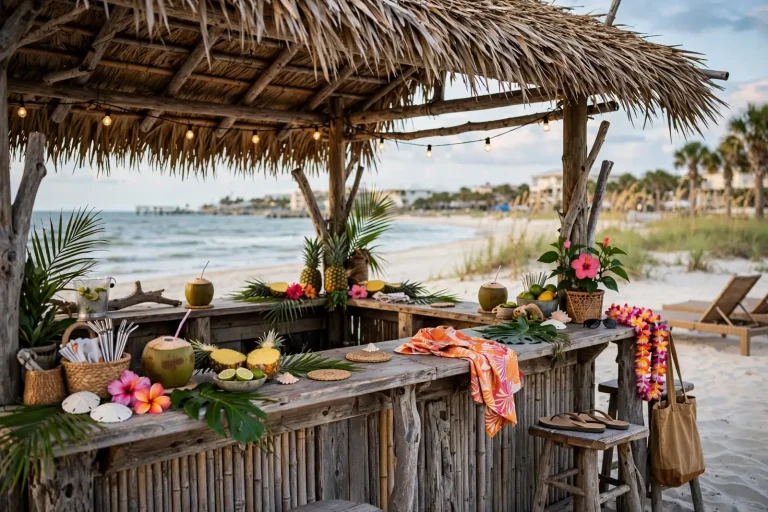 A thatched-roof tiki bar decorated with pineapples, coconuts, hibiscus and leis on a white-sand beach, evoking the Meeting of the Minds theme