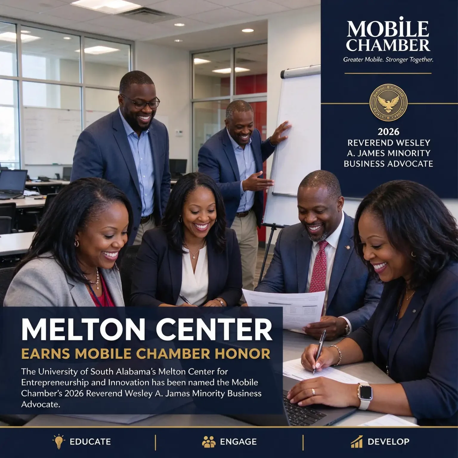 Group of business professionals collaborating around a table and flip chart beside text announcing the Melton Center award