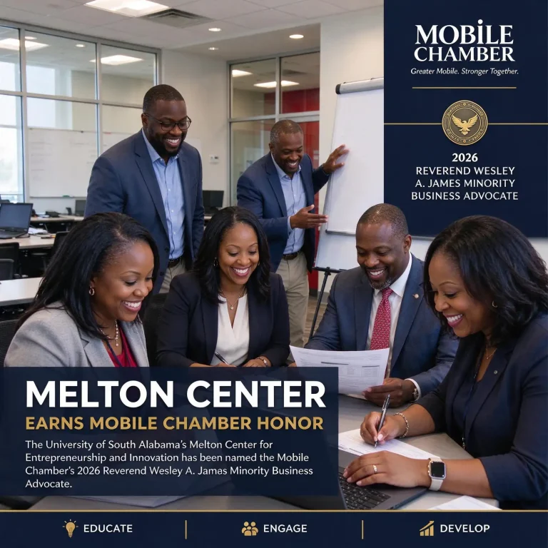 Group of business professionals collaborating around a table and flip chart beside text announcing the Melton Center award