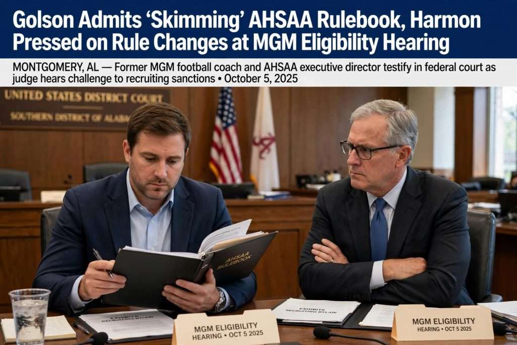 Illustration for the news story: Golson Admits ‘Skimming’ AHSAA Rulebook, Harmon Pressed on Rule Changes at MGM Eligibility Hearing