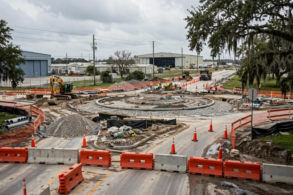 Road closed and detour signs at the Michigan Avenue and Broad Street intersection near Brookley in Mobile, Alabama