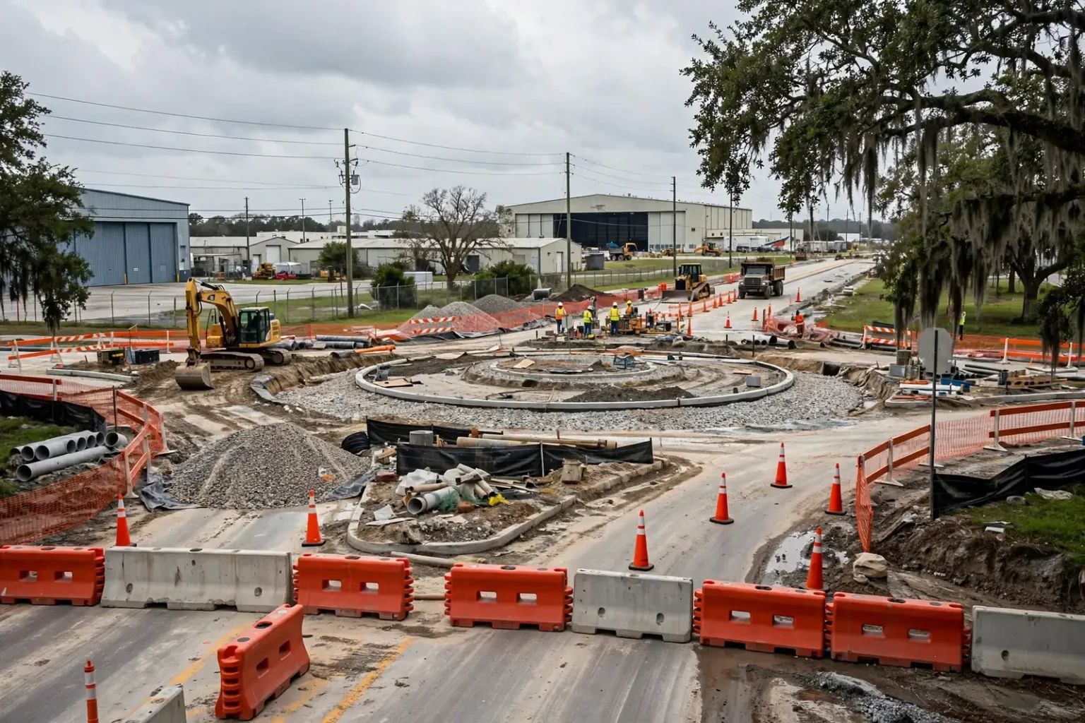 Road closed and detour signs at the Michigan Avenue and Broad Street intersection near Brookley in Mobile, Alabama