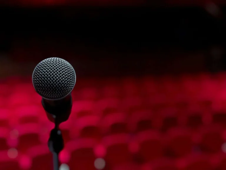 A microphone on a stand in the foreground with rows of empty red theater seats blurred behind it