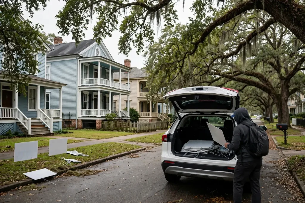 Political campaign yard signs staked in the front yard of a historic home on a tree-lined midtown Mobile street