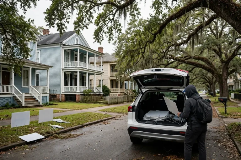 Political campaign yard signs staked in the front yard of a historic home on a tree-lined midtown Mobile street