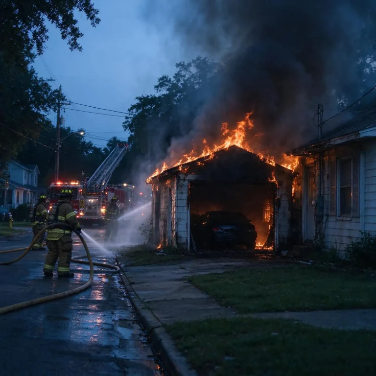 Firefighters spraying water on a burning garage next to a house before dawn