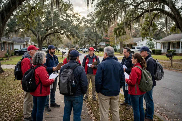 Campaign volunteers with clipboards gathering in a parking lot before canvassing neighborhoods in Dothan, Alabama