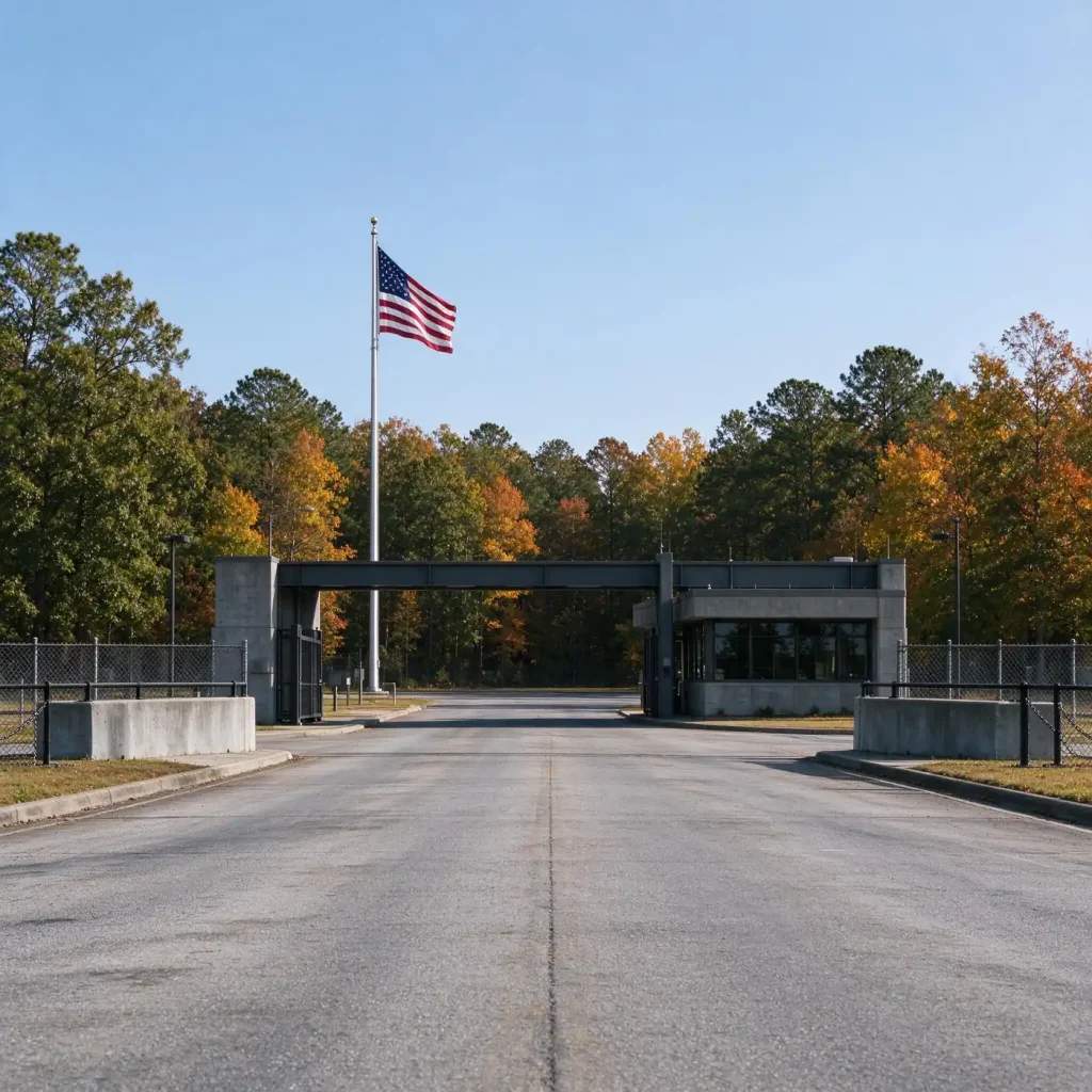Entrance gate and guardhouse of a military air base with an American flag on a clear autumn day