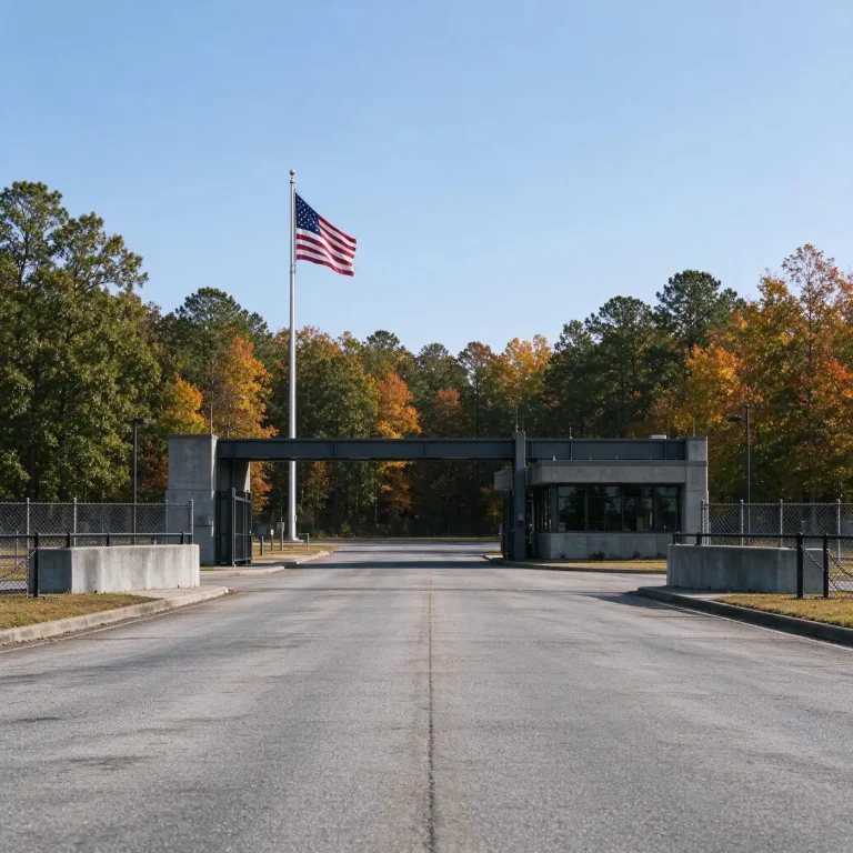 Entrance gate and guardhouse of a military air base with an American flag on a clear autumn day
