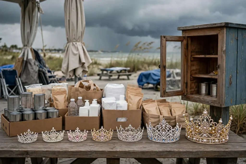 Seven pageant crowns lined up on a beachside table beside boxes of donated food and supplies and a wooden blessing box, for the Miss Shrimp Festival Pageant
