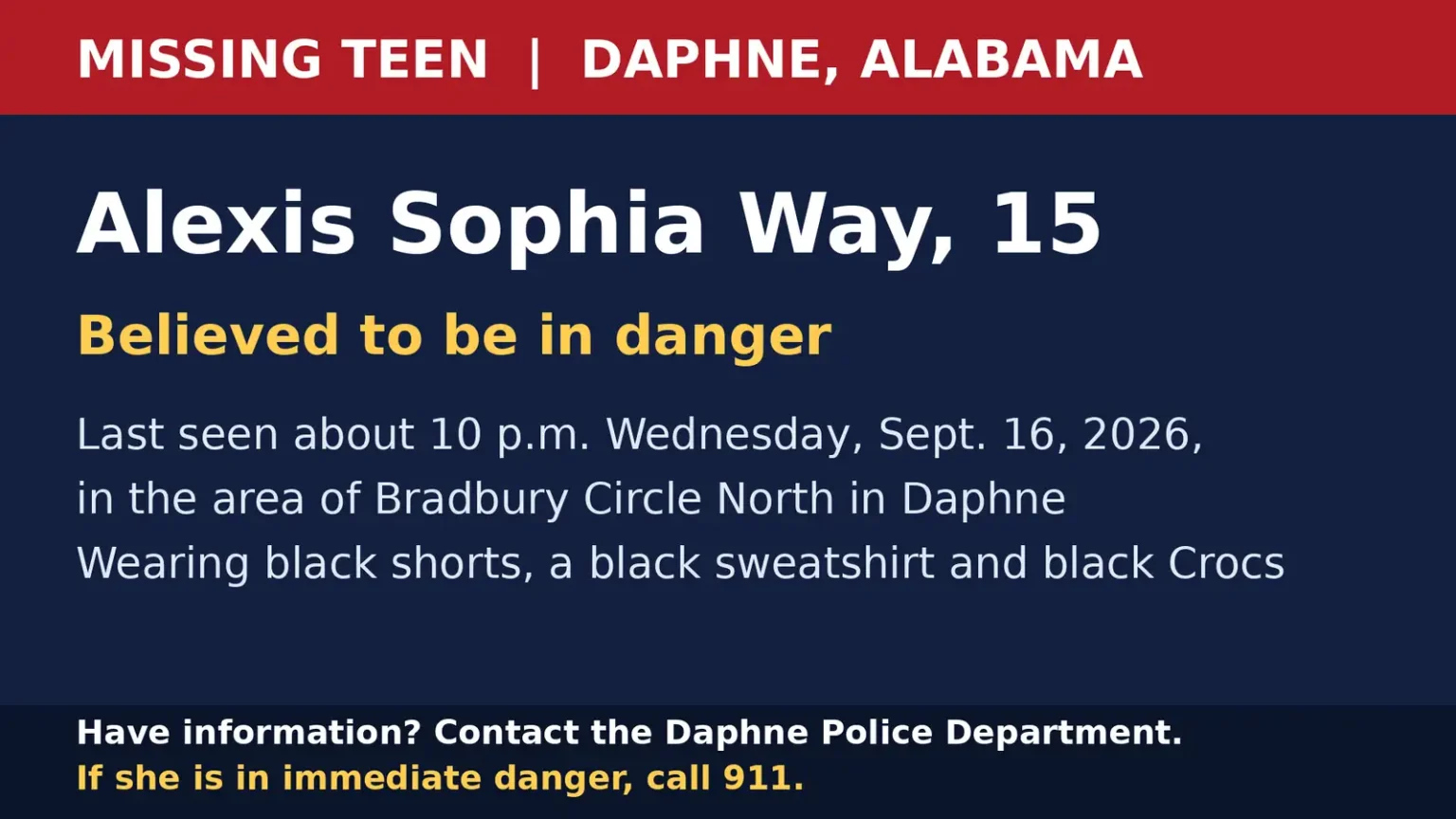 missing Daphne teen – Missing Daphne Teen Alexis Way, 15, Believed in Danger; Police Ask Public's Help