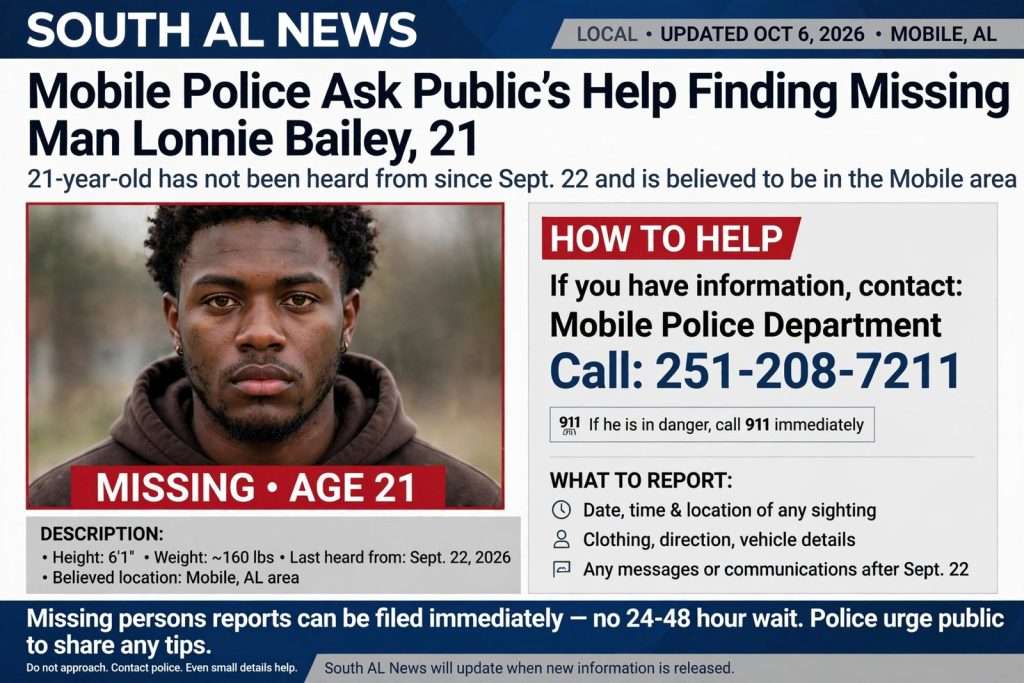 Illustration for the news story: Mobile Police Ask Public’s Help Finding Missing Man Lonnie Bailey, 21