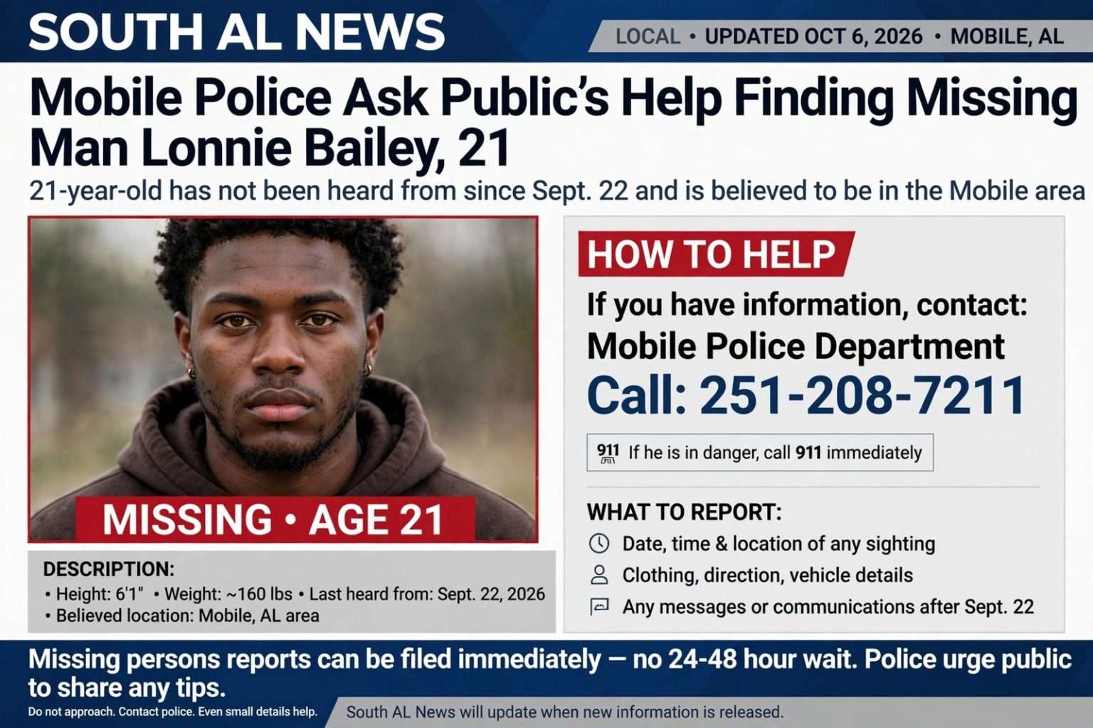 Illustration for the news story: Mobile Police Ask Public’s Help Finding Missing Man Lonnie Bailey, 21