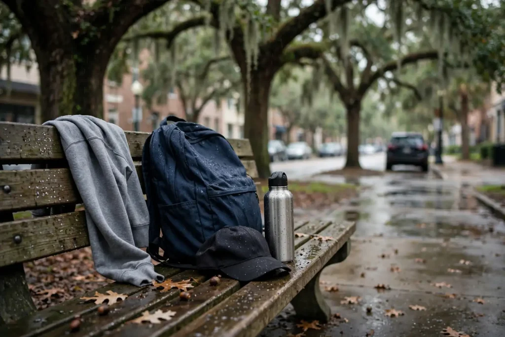 Backpack, cap, sweatshirt and water bottle on a wet park bench beneath moss-draped live oaks, illustrating the search for a missing Mobile man