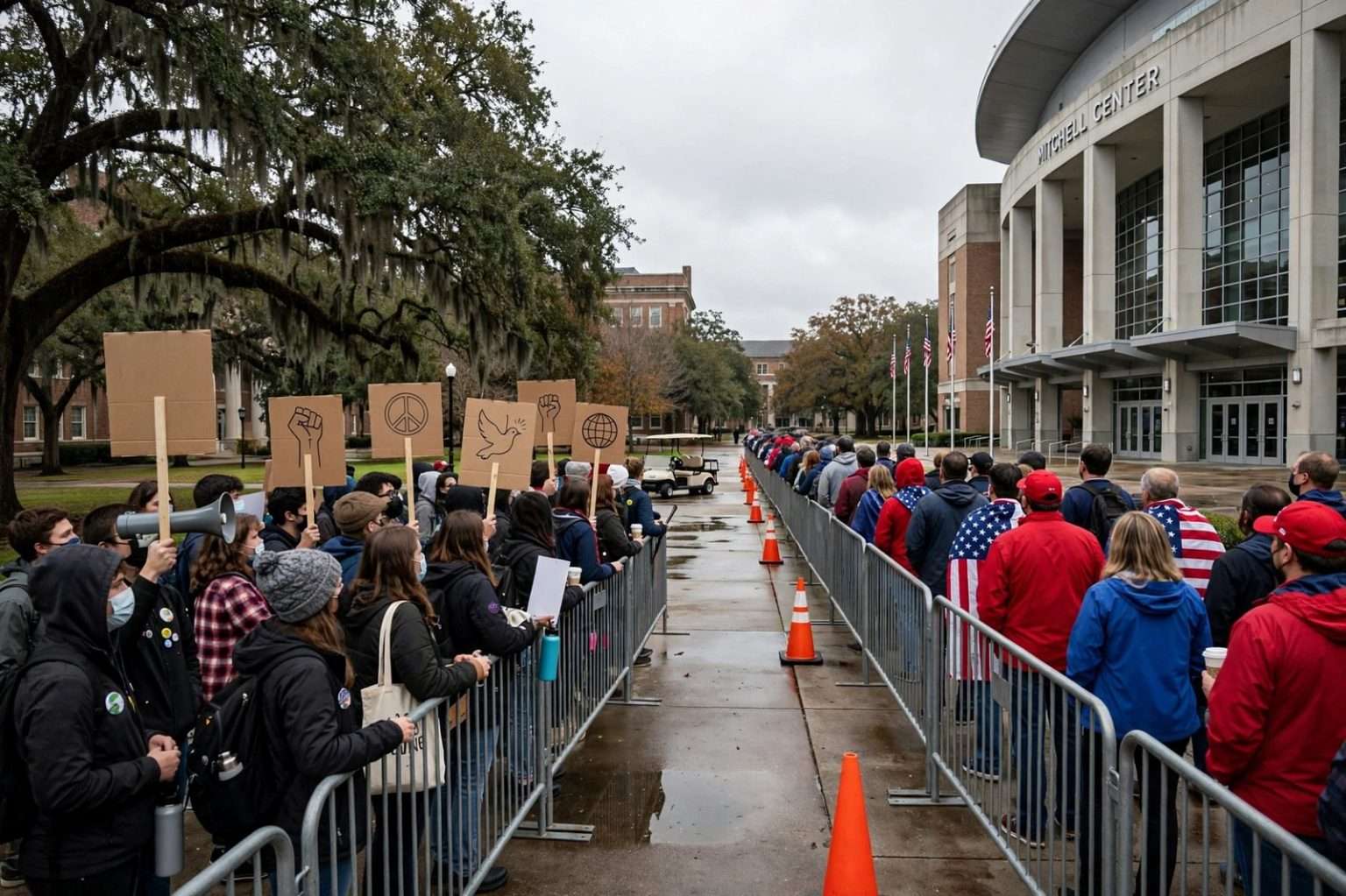 Handmade protest signs held up on a college campus sidewalk outside a large arena on an overcast afternoon