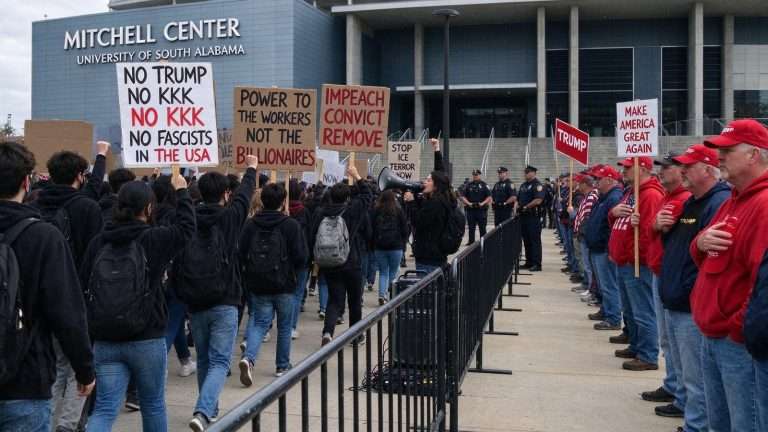 Illustration for the news story: Mitchell Center Protest Draws About 200 as Trump Supporters Line Up for Mobile Rally
