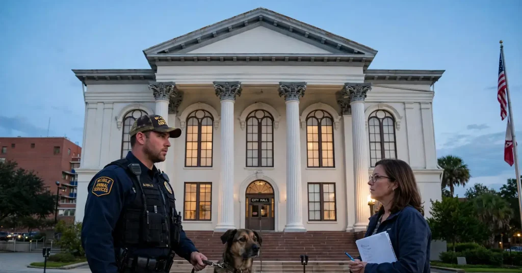 An animal services officer holding a leashed dog speaks with a resident in front of a columned city hall at dusk