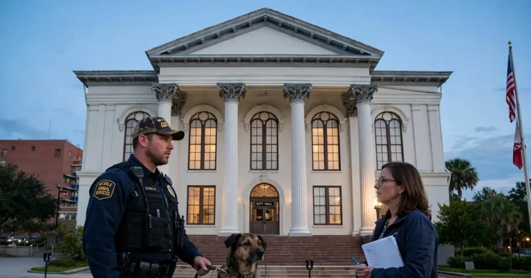 An animal services officer holding a leashed dog speaks with a resident in front of a columned city hall at dusk