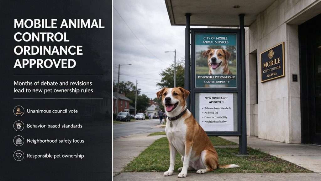 Illustration for the news story: Mobile Animal Control Ordinance Approved After Months of Debate and Revisions