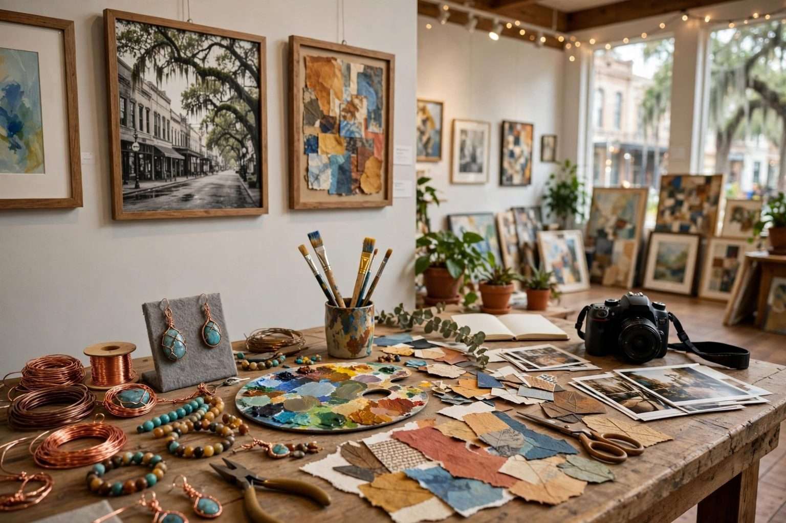 Small community art gallery with framed paintings, photographs and a display case of handmade wire-wrapped jewelry