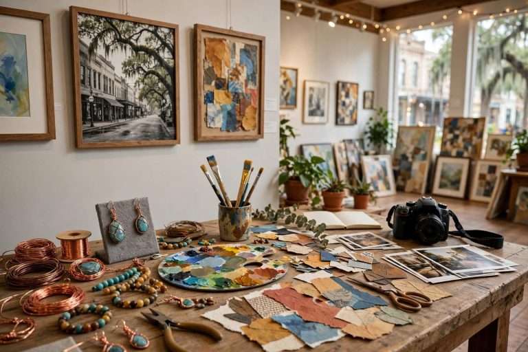 Small community art gallery with framed paintings, photographs and a display case of handmade wire-wrapped jewelry